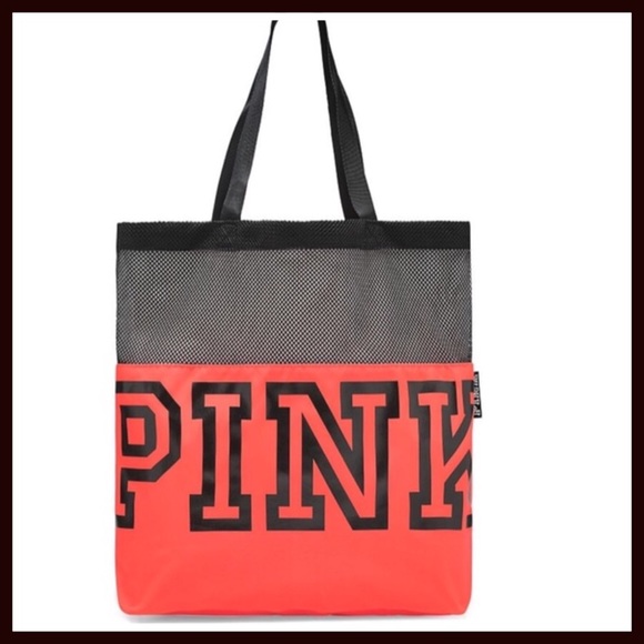PINK Victoria's Secret Neon Red Mesh Tote - New - Picture 1 of 3
